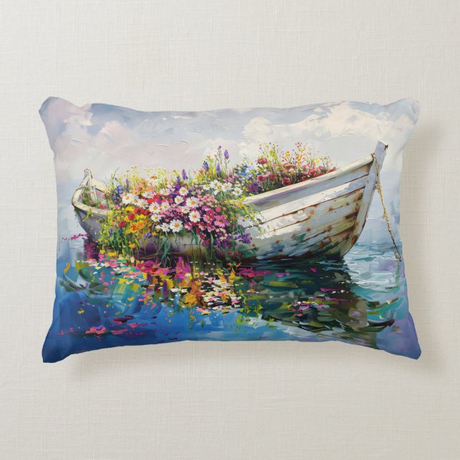 Boat with Colourful Wildflowers Decorative Cushion (Front)