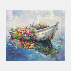 Boat with Colourful Wildflowers Fleece Blanket