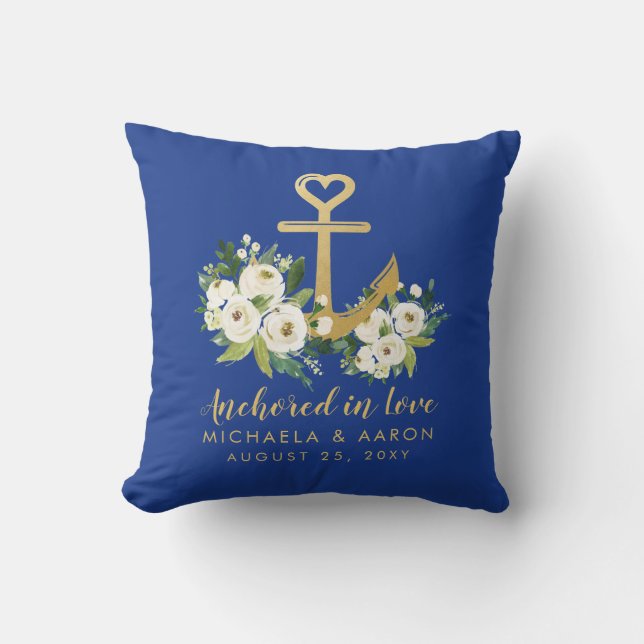 Boater Love Gold Floral Anchor Cushion (Front)