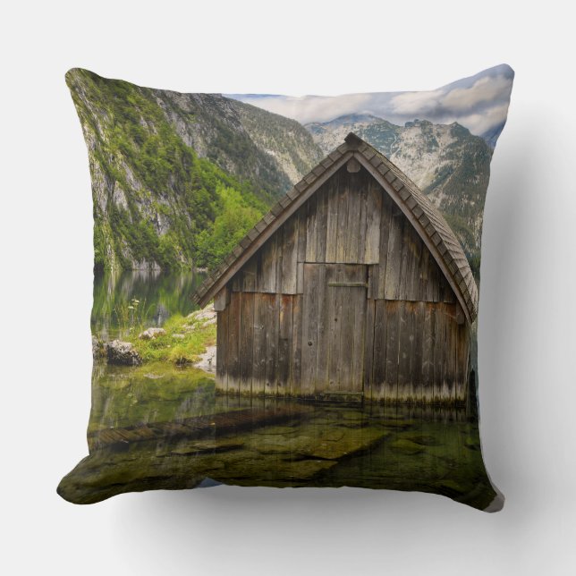 Boathouse in Obersee lake in Alps in Germany Cushion (Front)