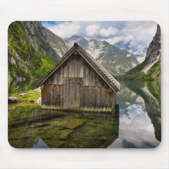 Boathouse in Obersee lake in Alps in Germany Mouse Mat (Front)