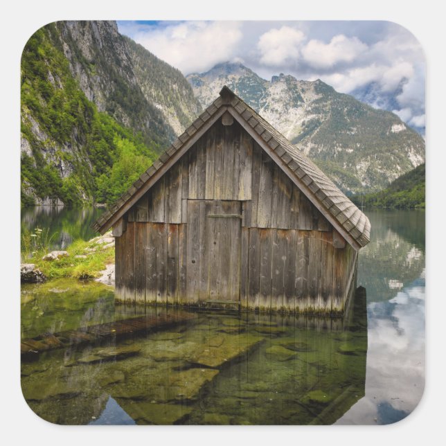 Boathouse in Obersee lake in Alps in Germany Square Sticker (Front)