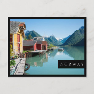 Boathouses and a fjord in Norway black frame card