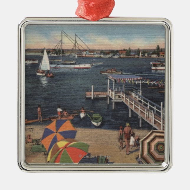 Boating and Swimming on Newport Bay Metal Tree Decoration (Front)