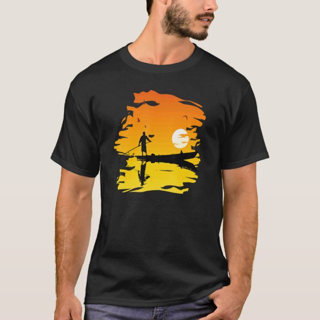 Boating Men Silhouette Lake Reflection Sunset Cano T-Shirt (Front)