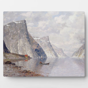 Boating on a Norwegian Fjord (oil on canvas) Plaque