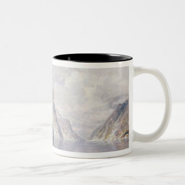 Boating on a Norwegian Fjord (oil on canvas) Two-Tone Coffee Mug (Right)