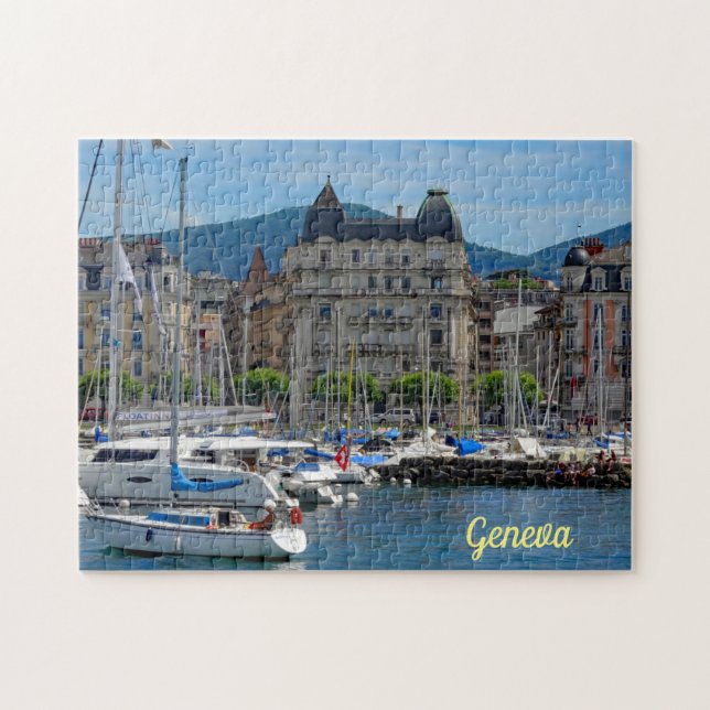Boats Anchored Lake Geneva Switzerland Jigsaw Puzzle (Horizontal)