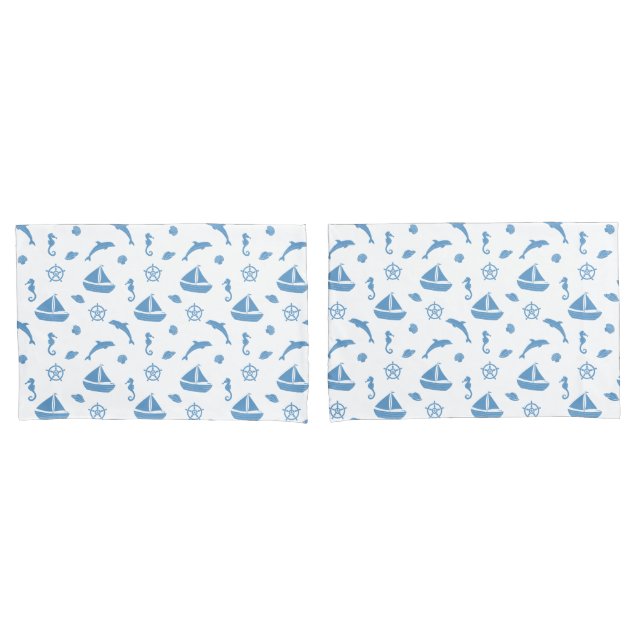 Boats and Dolphins Nautical Pattern Blue White Pillowcase (Front-Set)