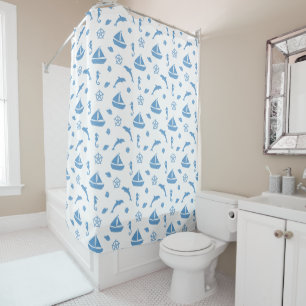 Boats and Dolphins Nautical Pattern Blue White Shower Curtain