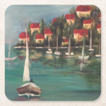 Boats and Red Roofs in Italy, Oil Painting