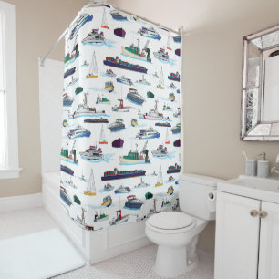 Boats and Ships Illustration Random Pattern Shower Curtain
