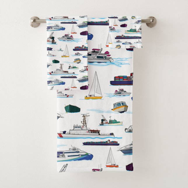 Boats and Ships Illustrations Random Pattern Bath Towel Set (Insitu)