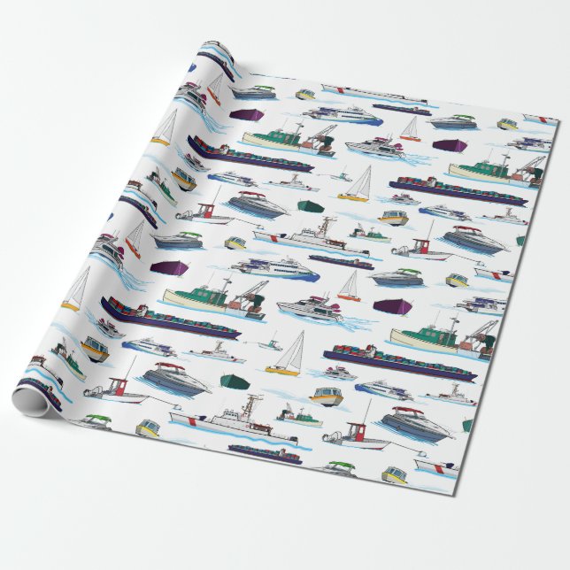 Boats and Ships Illustrations Random Pattern Wrapping Paper (Unrolled)