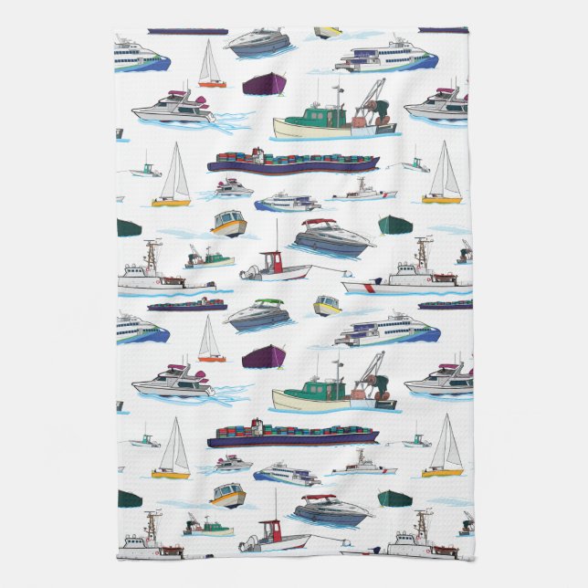 Boats and Ships Random Patterns Tea Towel (Vertical)