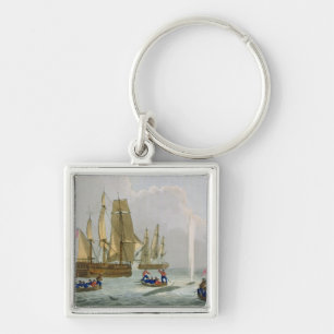 Boats Approaching a Whale, engraved by Matthew Dub Key Ring