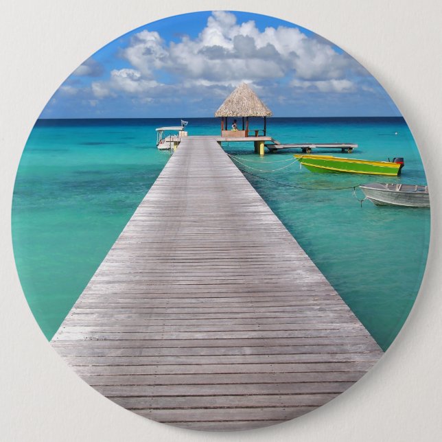 Boats at a jetty in the Pacific button (Front)