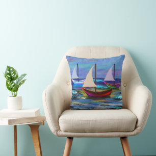 Boats at sea fleece blanket cushion