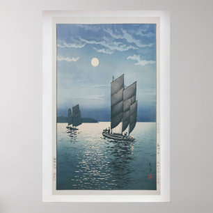 Boats at Shinagawa at Night by Tsuchiya Kōitsu Poster