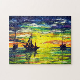 Boats At Sunset Jigsaw Puzzle - Painting
