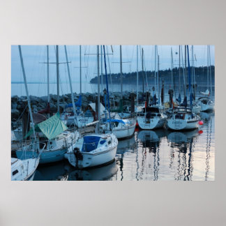 boats by beach in twilight poster