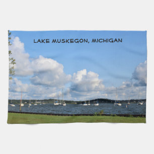 Boats on Lake Muskegon Tea Towel