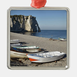 Boats on pebble beach of Etretat Metal Tree Decoration