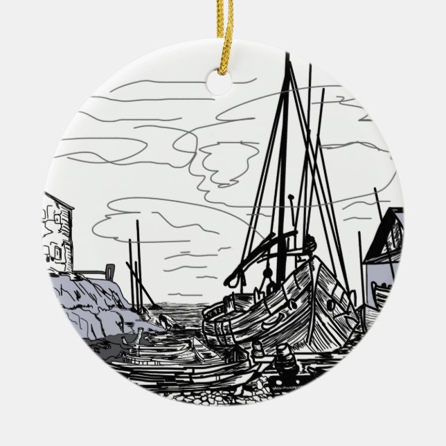 boats on the sea ceramic tree decoration (Front)
