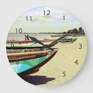 Boats on Tropical Beach Large Clock
