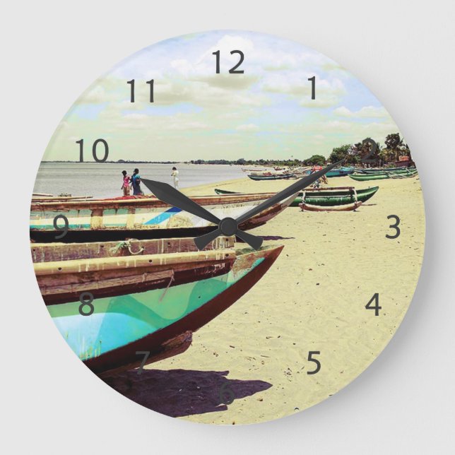 Boats on Tropical Beach Large Clock (Front)