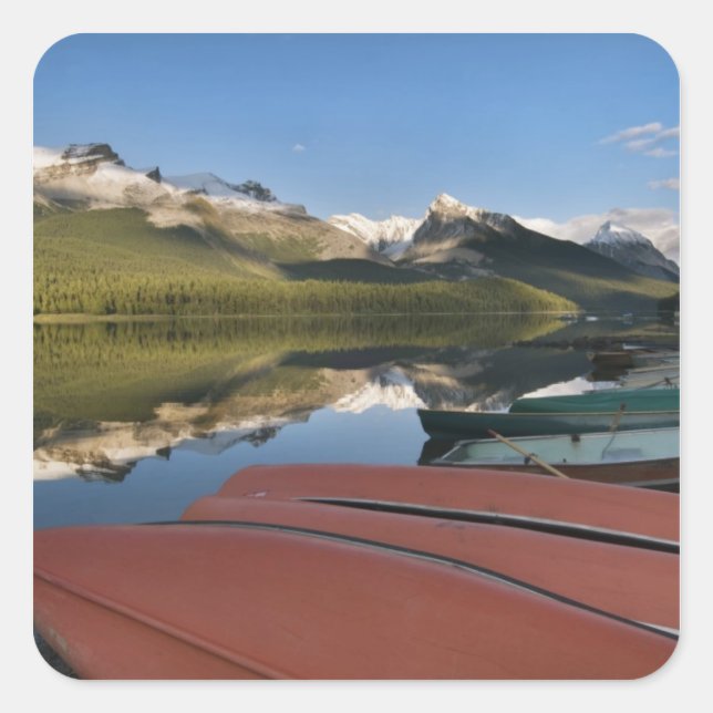 Boats parked on the lakeshore of Maligne Lake, Square Sticker (Front)