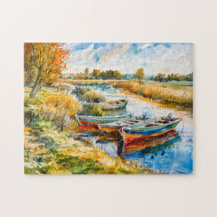 Boats Resting by the River Havelland Watercolor  Jigsaw Puzzle