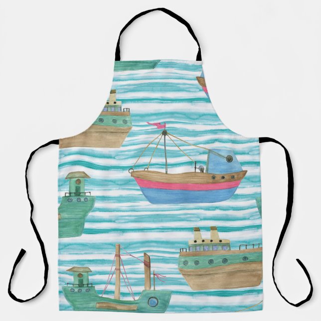 Boats Stripes: Watercolor Painting Pattern. Apron (Front)
