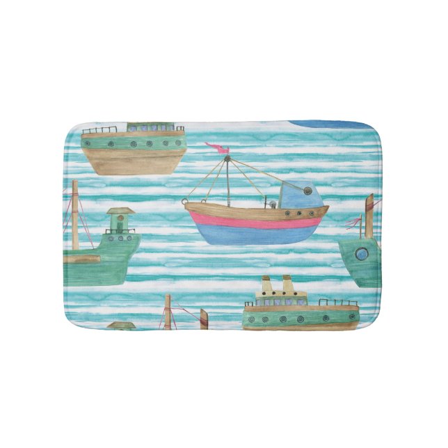 Boats Stripes: Watercolor Painting Pattern. Bath Mat (Front)