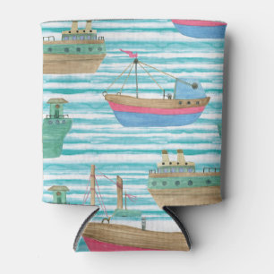 Boats Stripes: Watercolor Painting Pattern. Can Cooler