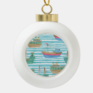 Boats Stripes: Watercolor Painting Pattern. Ceramic Ball Christmas Ornament