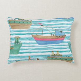 Boats Stripes: Watercolor Painting Pattern. Decorative Cushion