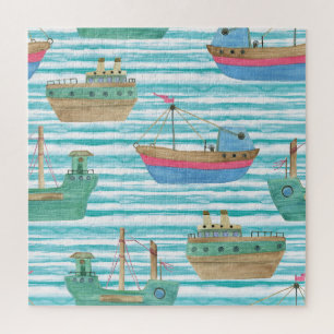 Boats Stripes: Watercolor Painting Pattern. Jigsaw Puzzle