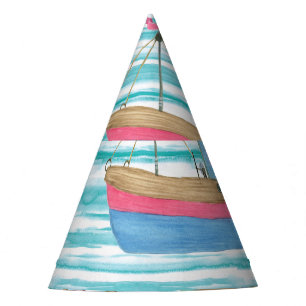 Boats Stripes: Watercolor Painting Pattern. Party Hat
