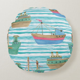 Boats Stripes: Watercolor Painting Pattern. Round Cushion