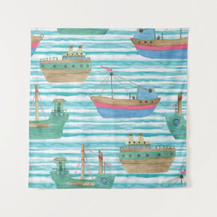 Boats Stripes: Watercolor Painting Pattern. Tapestry