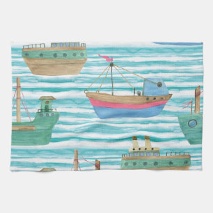 Boats Stripes: Watercolor Painting Pattern. Tea Towel
