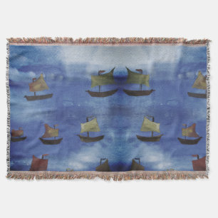 Boats watercolor Blue Sea Throw Blanket