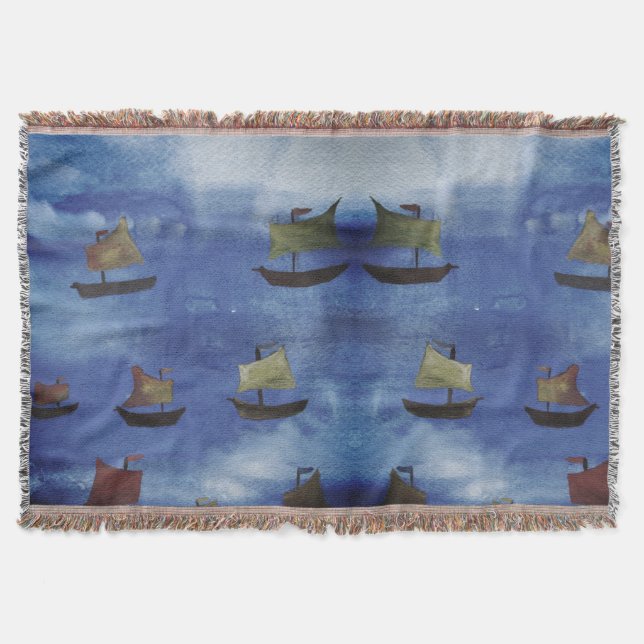 Boats watercolor Blue Sea Throw Blanket (Front)