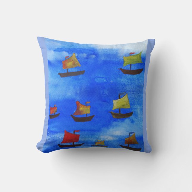 Boats watercolor Blue Sea Throw Cushion (Front)
