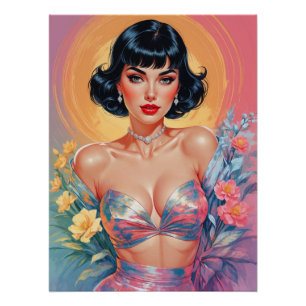 Bob Cut with Bangs Brunette Pin-Up Pastel Flowers Poster