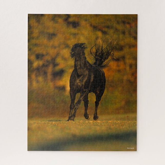 Bob Langrish | Black Friesian Running In Autumn Jigsaw Puzzle (Vertical)