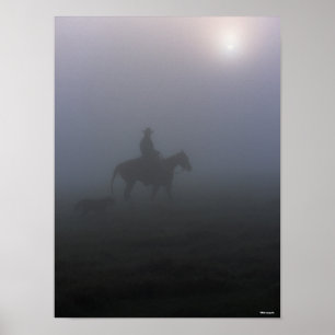 Bob Langrish Cowboy Riding In Mist With Dog Poster
