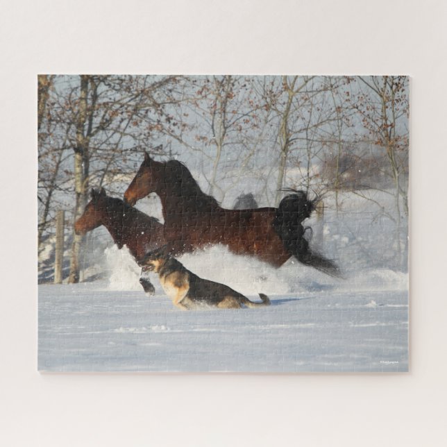 Bob Langrish | Two Morgan Horses and Dog In Snow Jigsaw Puzzle (Horizontal)