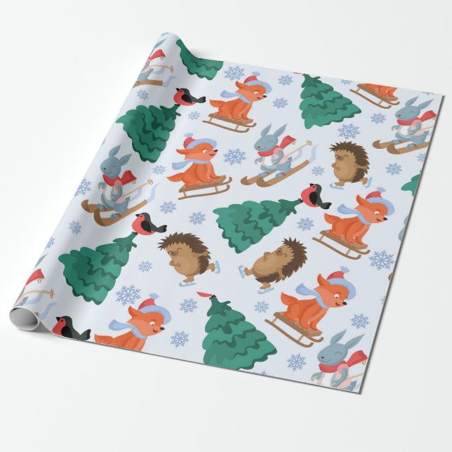Bob-Sledding Forest Friends | Christmas Snow Trees Wrapping Paper (Unrolled)